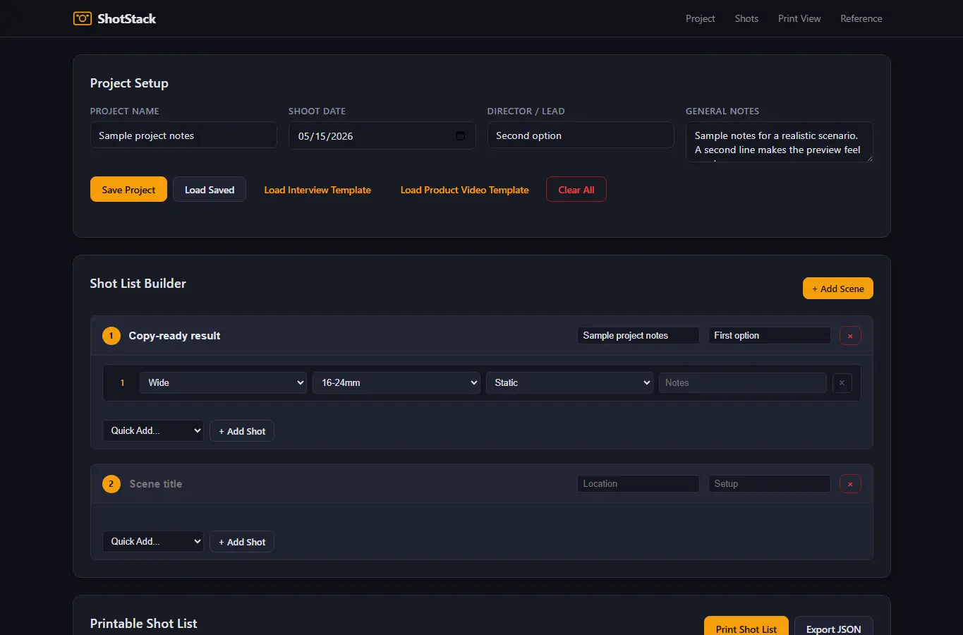 Screenshot of ShotStack: Video Shot List & Coverage Planner interface showing the project page in use